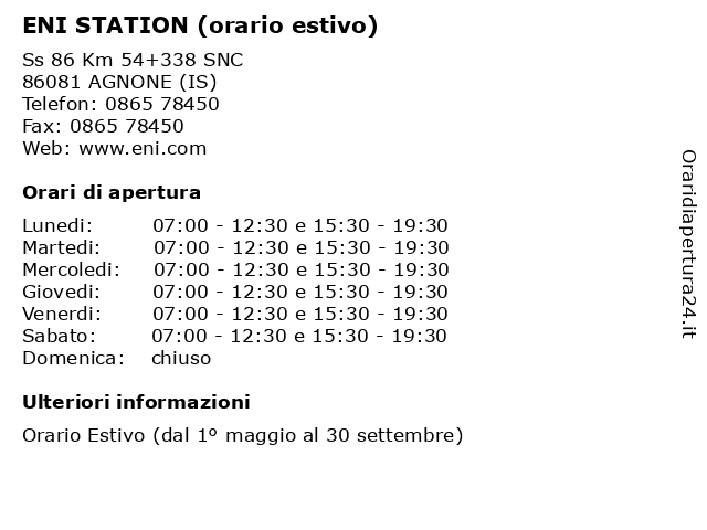 ENI STATION (orario estivo) a AGNONE (IS): indirizzo e orari di apertura