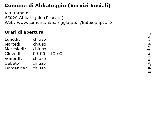 Comune di Abbateggio (Servizi Sociali) a Abbateggio (Pescara): indirizzo e orari di apertura