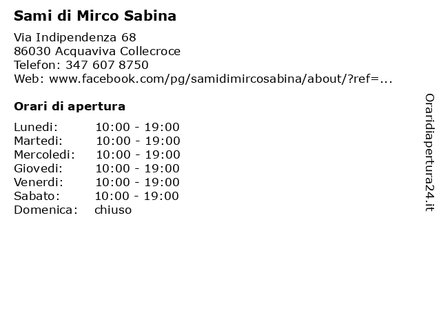 Sami di Mirco Sabina a Acquaviva Collecroce: indirizzo e orari di apertura