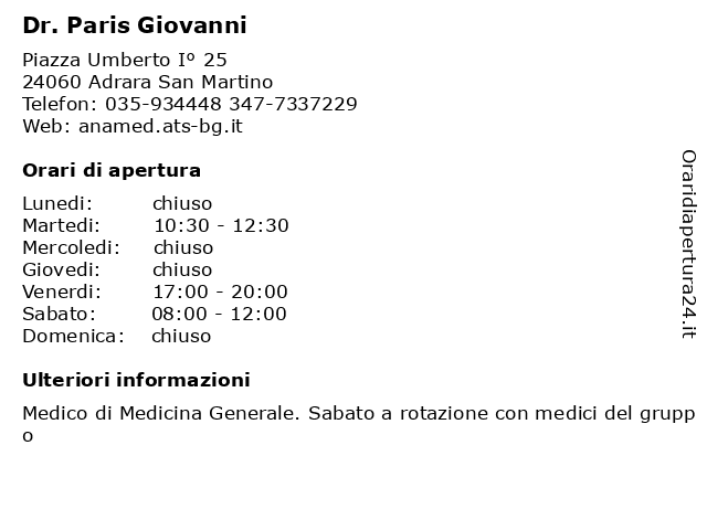 Ambulatorio Medico (Dr. Paris Giovanni) a Adrara San Martino: indirizzo e orari di apertura