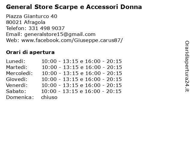 ᐅ Orari General Store Scarpe e Accessori Donna | Piazza Gianturco 40, 80021 Afragola