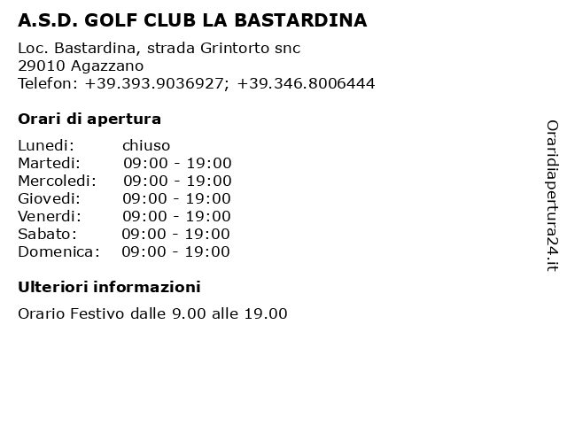 A.S.D. GOLF CLUB LA BASTARDINA a Agazzano: indirizzo e orari di apertura