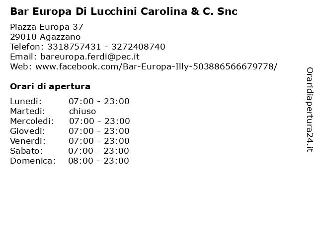 Bar Europa Di Lucchini Carolina & C. Snc a Agazzano: indirizzo e orari di apertura