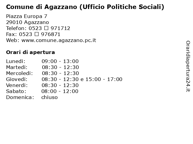 Comune di Agazzano (Ufficio Politiche Sociali) a Agazzano: indirizzo e orari di apertura