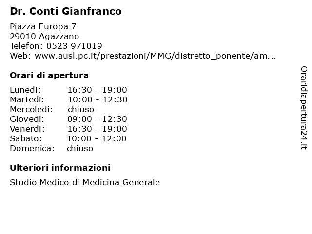 Dr. Conti Gianfranco a Agazzano: indirizzo e orari di apertura