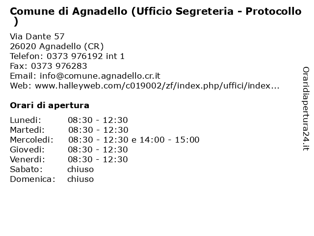 Comune di Agnadello (Ufficio Segreteria - Protocollo ) a Agnadello (CR): indirizzo e orari di apertura