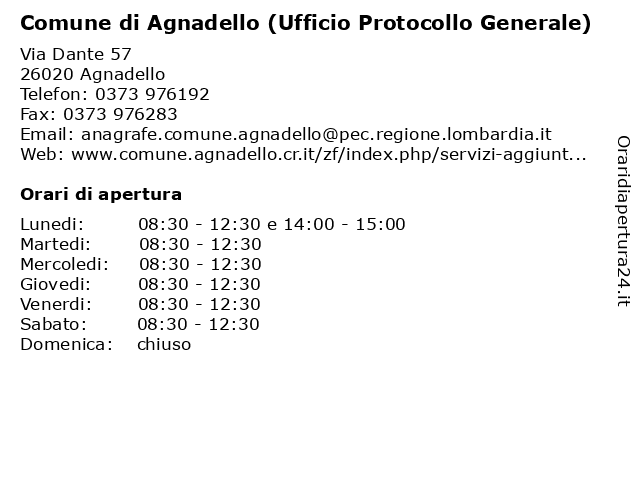 Comune di Agnadello (Ufficio Protocollo Generale) a Agnadello: indirizzo e orari di apertura