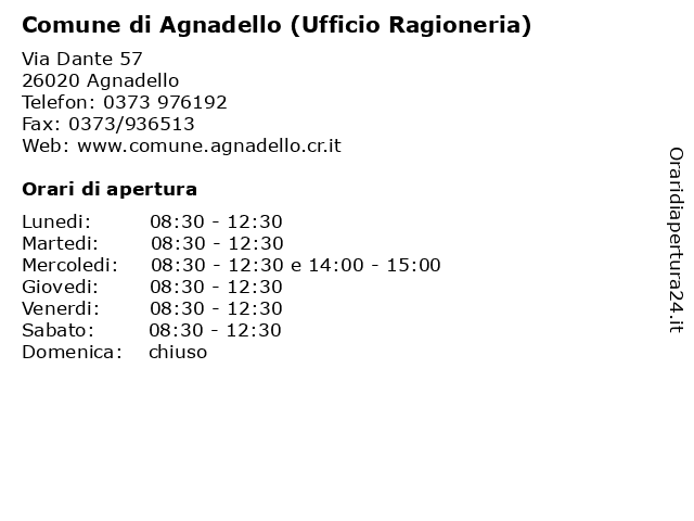 Comune di Agnadello (Ufficio Ragioneria) a Agnadello: indirizzo e orari di apertura