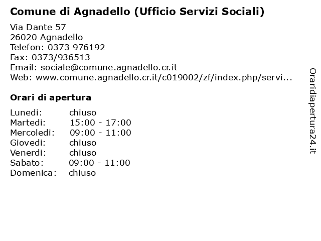 Comune di Agnadello (Ufficio Servizi Sociali) a Agnadello: indirizzo e orari di apertura