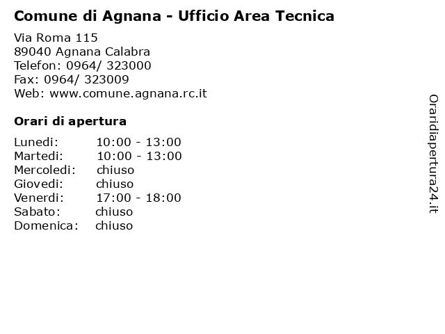 Comune di Agnana - Ufficio Area Tecnica a Agnana Calabra: indirizzo e orari di apertura
