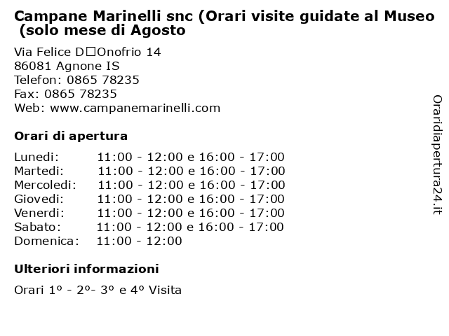 Campane Marinelli snc (Orari visite guidate al Museo (solo mese di Agosto a Agnone IS: indirizzo e orari di apertura