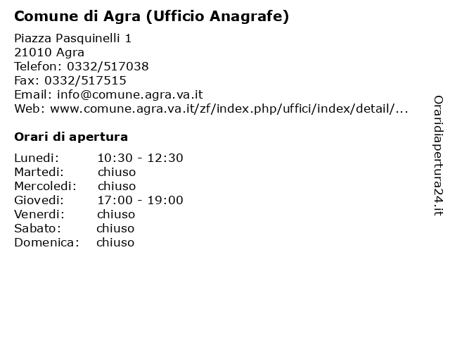 Comune di Agra (Ufficio Anagrafe) a Agra: indirizzo e orari di apertura