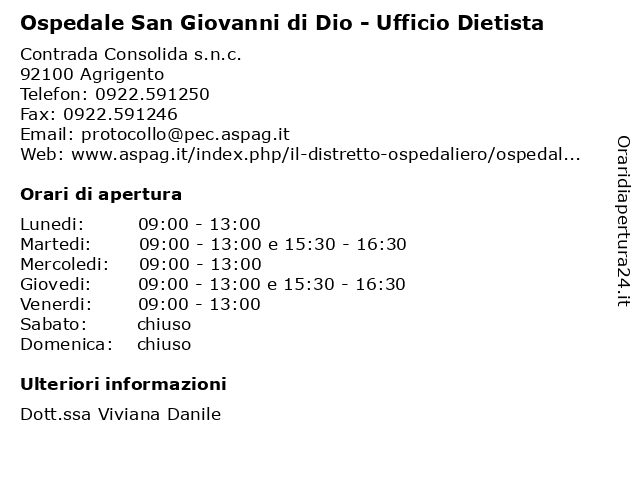 Ospedale San Giovanni di Dio - Ufficio Dietista a Agrigento: indirizzo e orari di apertura