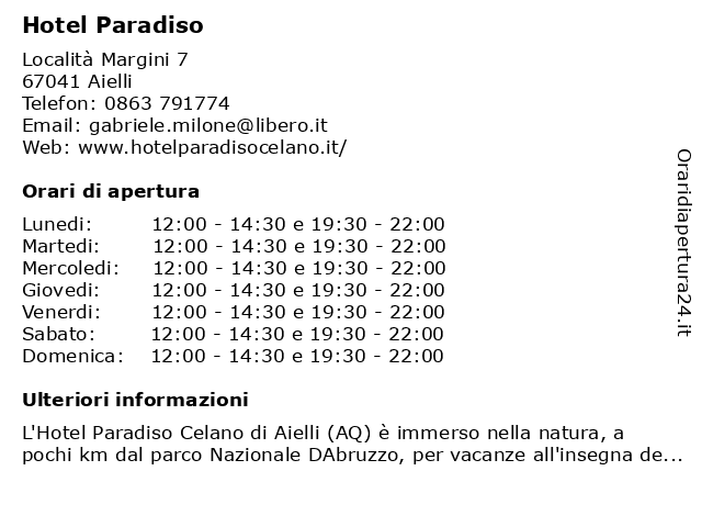 Hotel Paradiso a Aielli: indirizzo e orari di apertura