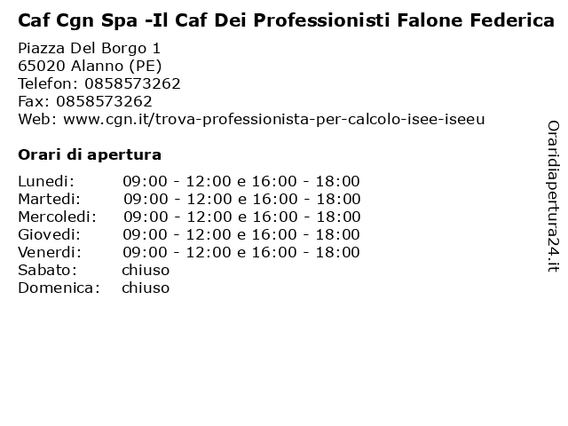 Caf Cgn Spa -Il Caf Dei Professionisti Falone Federica a Alanno (PE): indirizzo e orari di apertura