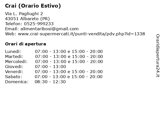 Crai (Orario Estivo) a Albareto (PR): indirizzo e orari di apertura
