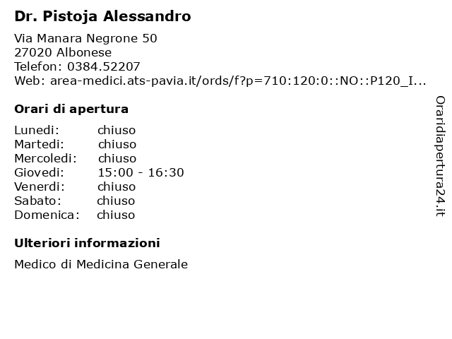 Ambulatorio Medico (Dr. Pistoja Alessandro) a Albonese: indirizzo e orari di apertura