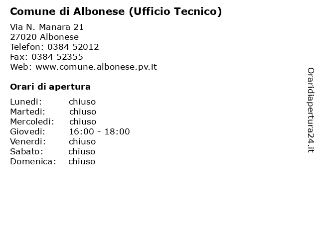 Comune di Albonese (Ufficio Tecnico) a Albonese: indirizzo e orari di apertura