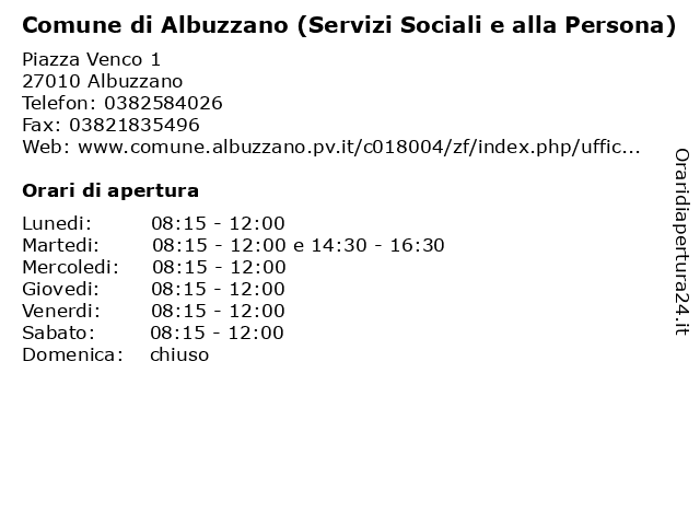 Comune di Albuzzano (Servizi Sociali e alla Persona) a Albuzzano: indirizzo e orari di apertura