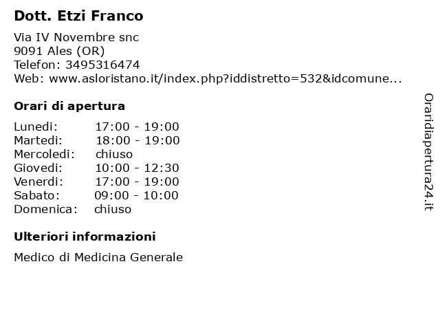 Dott. Etzi Franco a Ales (OR): indirizzo e orari di apertura