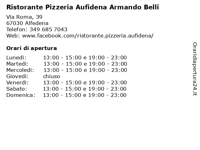 Ristorante Pizzeria Aufidena Armando Belli a Alfedena: indirizzo e orari di apertura