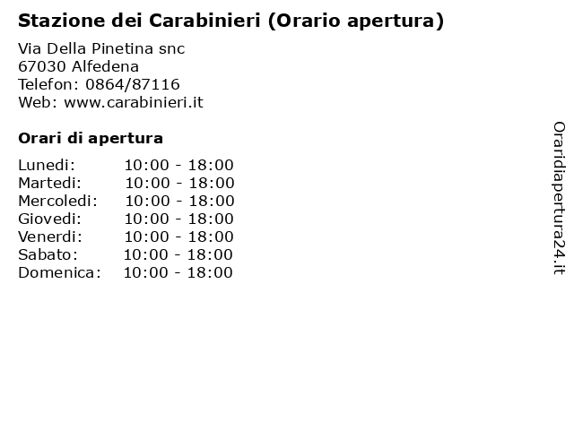Stazione dei Carabinieri (Orario apertura) a Alfedena: indirizzo e orari di apertura
