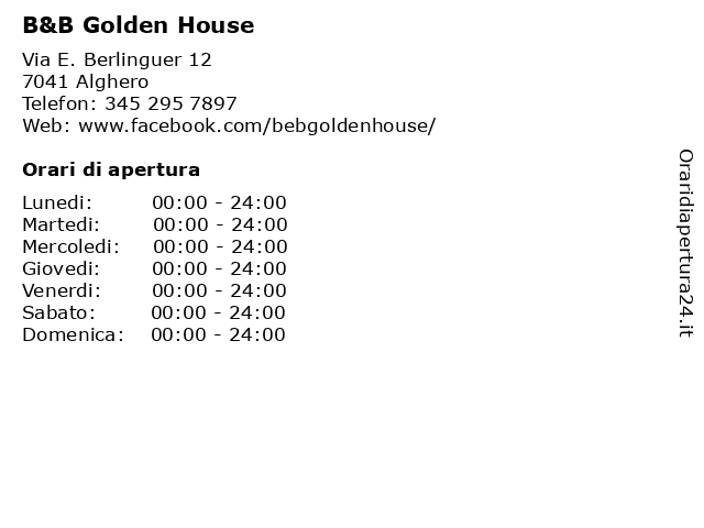 B&B Golden House a Alghero: indirizzo e orari di apertura