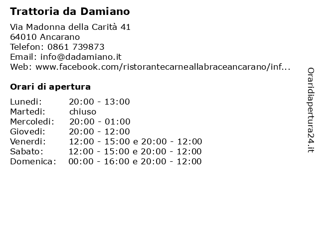 Trattoria da Damiano a Ancarano: indirizzo e orari di apertura