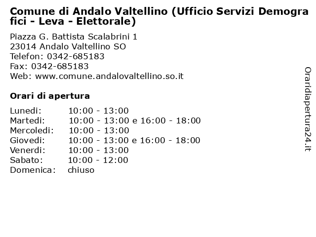 Comune di Andalo Valtellino (Ufficio Servizi Demografici - Leva - Elettorale) a Andalo Valtellino SO: indirizzo e orari di apertura