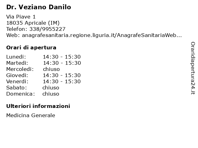 Dr. Veziano Danilo a Apricale (IM): indirizzo e orari di apertura