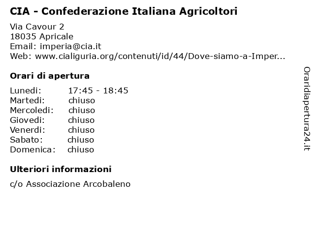 CIA - Confederazione Italiana Agricoltori a Apricale: indirizzo e orari di apertura