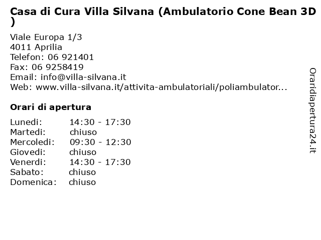 Casa di Cura Villa Silvana (Ambulatorio Cone Bean 3D) a Aprilia: indirizzo e orari di apertura