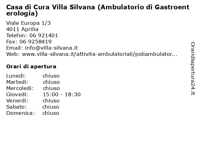 Casa di Cura Villa Silvana (Ambulatorio di Gastroenterologia) a Aprilia: indirizzo e orari di apertura
