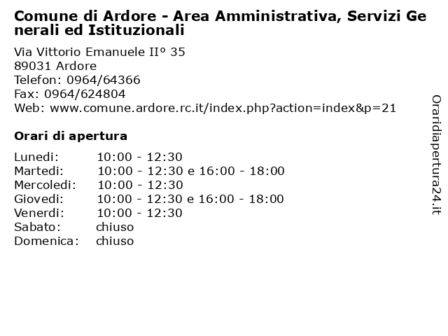 Comune di Ardore - Area Amministrativa, Servizi Generali ed Istituzionali a Ardore: indirizzo e orari di apertura