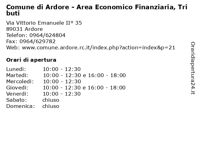 Comune di Ardore - Area Economico Finanziaria, Tributi a Ardore: indirizzo e orari di apertura