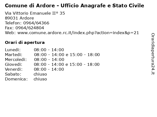 Comune di Ardore - Ufficio Anagrafe e Stato Civile a Ardore: indirizzo e orari di apertura