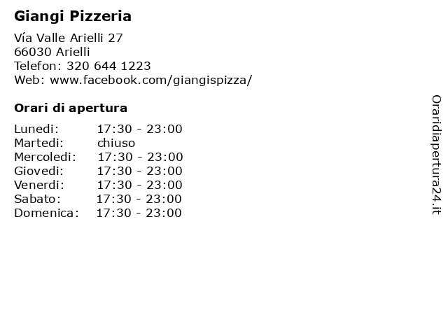 Giangi Pizzeria a Arielli: indirizzo e orari di apertura