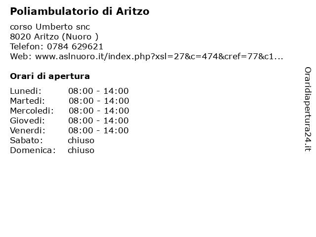Poliambulatorio di Aritzo a Aritzo (Nuoro ): indirizzo e orari di apertura