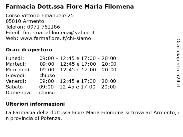 Farmacia Dott.ssa Fiore Maria Filomena a Armento: indirizzo e orari di apertura