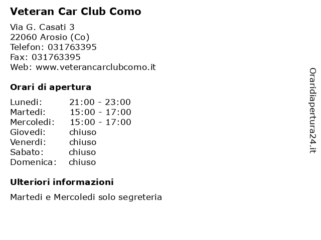 Veteran Car Club Como a Arosio (Co): indirizzo e orari di apertura