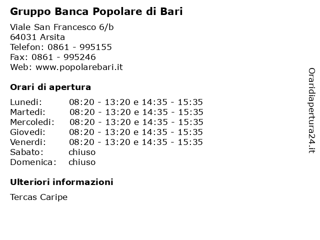 Gruppo Banca Popolare di Bari a Arsita: indirizzo e orari di apertura