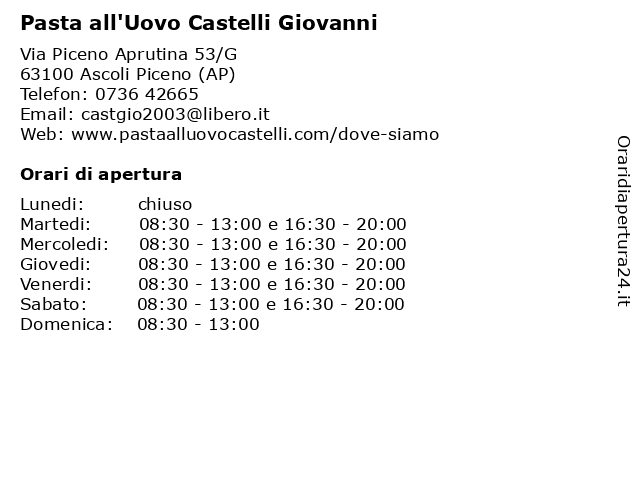 Pasta all'Uovo Castelli Giovanni a Ascoli Piceno (AP): indirizzo e orari di apertura