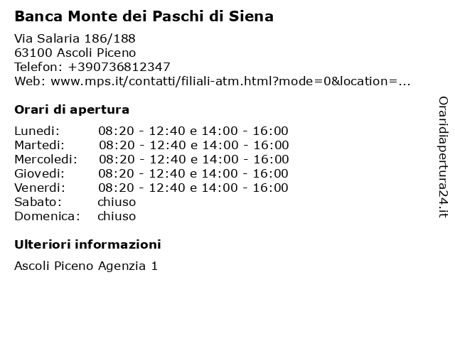 Banca Monte Dei Paschi Di Siena Spa a Ascoli Piceno: indirizzo e orari di apertura
