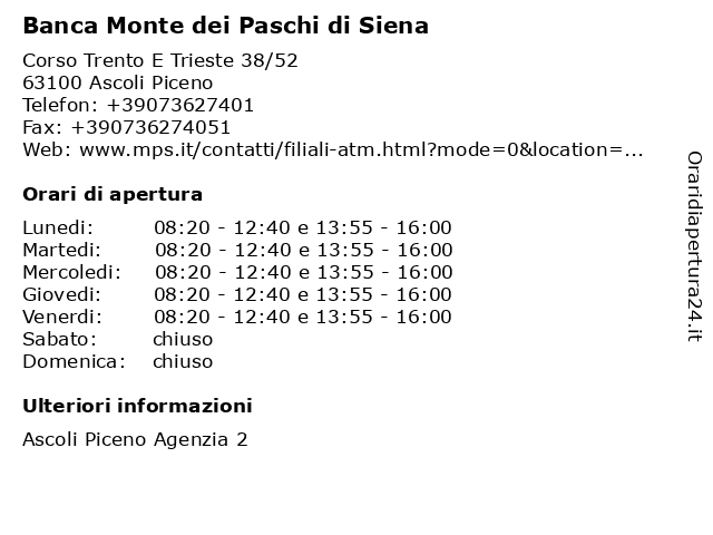 Banca Monte dei Paschi di Siena a Ascoli Piceno: indirizzo e orari di apertura
