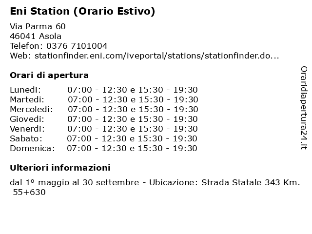 Eni Station (Orario Estivo) a Asola: indirizzo e orari di apertura