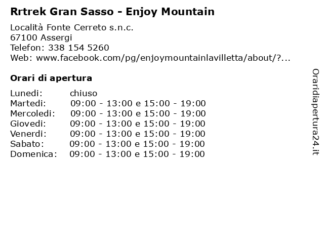Rrtrek Gran Sasso - Enjoy Mountain a Assergi: indirizzo e orari di apertura