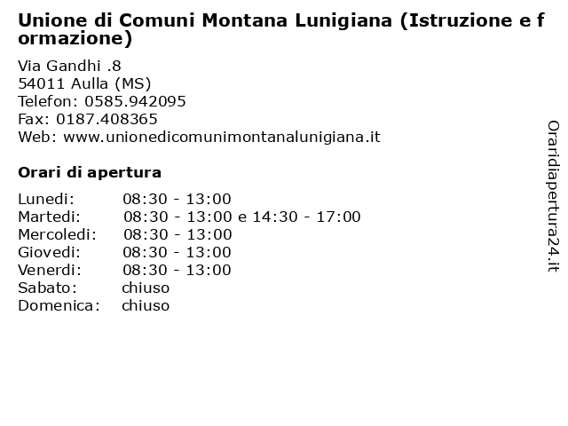 Unione di Comuni Montana Lunigiana (Istruzione e formazione) a Aulla (MS): indirizzo e orari di apertura