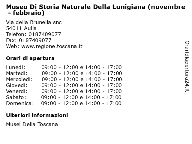Museo Di Storia Naturale Della Lunigiana (novembre - febbraio) a Aulla: indirizzo e orari di apertura