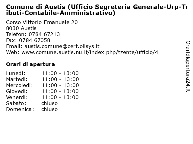 Comune di Austis (Ufficio Segreteria Generale-Urp-Tributi-Contabile-Amministrativo) a Austis: indirizzo e orari di apertura