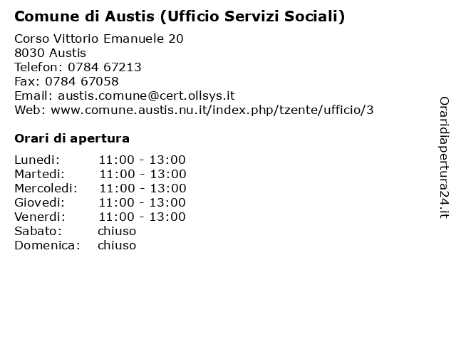 Comune di Austis (Ufficio Servizi Sociali) a Austis: indirizzo e orari di apertura